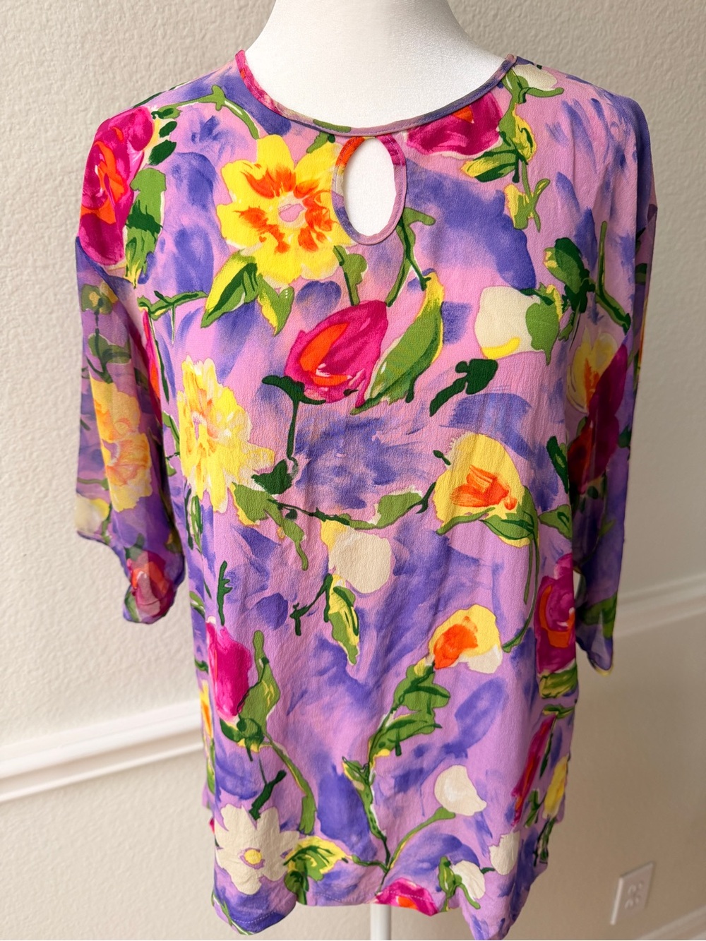 Susan Clark 100% Silk Watercolor Floral Blouse Purple Pink Cottagecore‎ Romantic